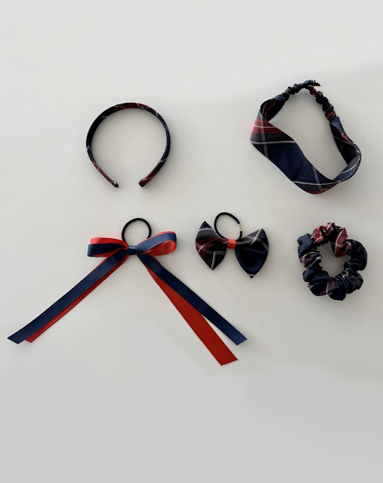 Girls Headband, Hair Bow (Pony Bow), Hair Tie (Scrunchie) and Navy/Red Ribbon