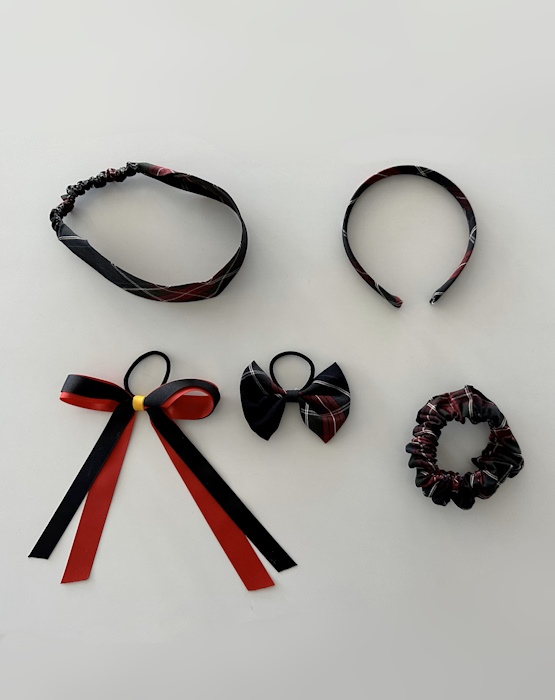 Girls Headband, Hair Bow (Pony Bow), Hair Tie (Scrunchie) and Black/Red Ribbon